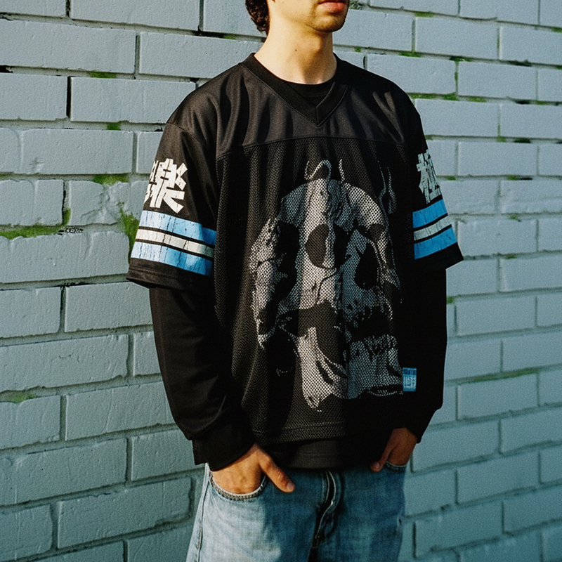 American-Style Skateboard Street Hip-Hop Mesh Fake Two-Piece Loose V-Neck Spliced Long-Sleeve Quick-Dry T-Shirt for Men American-Style Skateboard Street Hip-Hop Mesh Fake Two-Piece Loose V-Neck Spliced Long-Sleeve Quick-Dry T-Shirt for Men