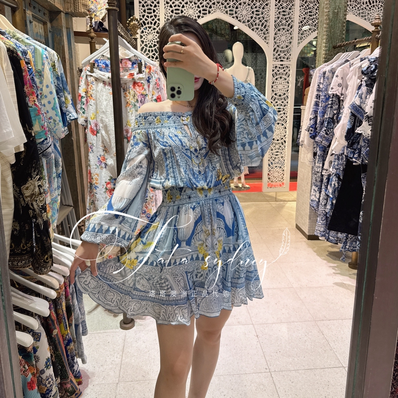 Camilla Australian Genuine Silk One-Shoulder Nada French-Style Long-Sleeve Short Floral Dress