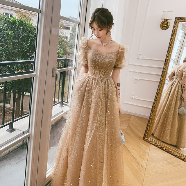 Evening dress 2021 new temperament chorus performance costume annual meeting host light luxury golden long champagne dress