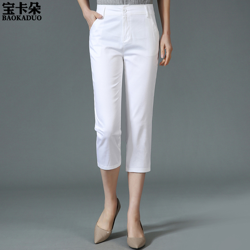 Summer Thin Mom Pants, White Pure Cotton High-Waisted Straight-Leg Pants, Loose Casual Mid-Length Pants, Versatile Women's Pants