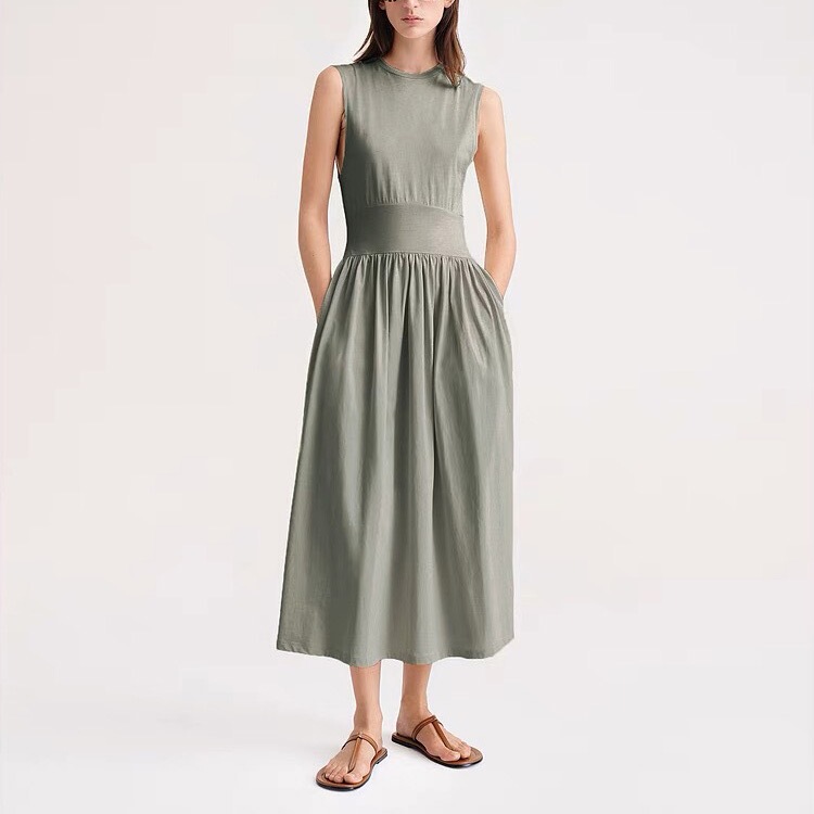 Sage Green Organic Cotton Soft Vest Dress New Summer Pleated Pocket Waist-Cinching Flared Long Dress