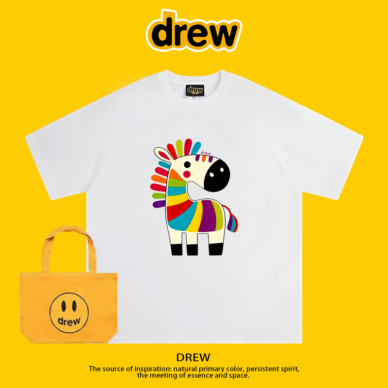 Drew American-Style Trendy Brand Year of the Horse Colorful Pony Print Short-Sleeve T-Shirt for Men and Women, Pure Cotton, Loose Fit, Versatile Crew Neck Top