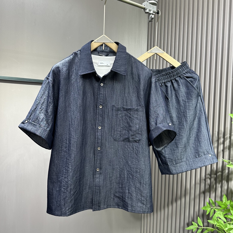 Summer New Style American Retro Lightweight Denim Short-Sleeved Shirt Set Men's Trendy Brand Loose Casual Shorts Two-Piece Set