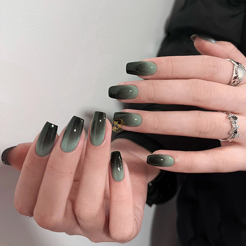 Wearable Nails, Medium-Length, High-End, Black-Gray-Green Gradient, Simple Nail Art Patches, Finished Fake Nails, Removable Wearable Nails, Medium-Length, High-End, Black-Gray-Green Gradient, Simple Nail Art Patches, Finished Fake Nails, Removable