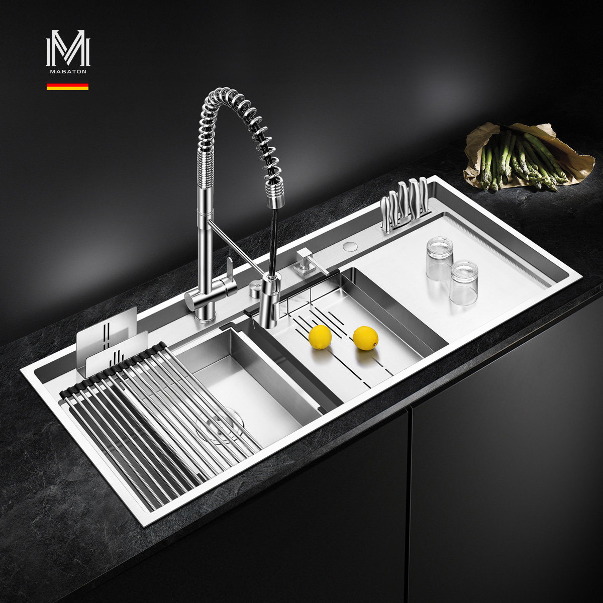 Mambaton kitchen stainless steel large sink Oversized single slot multi-function vegetable washing pool plate medium plate double slot with knife holder