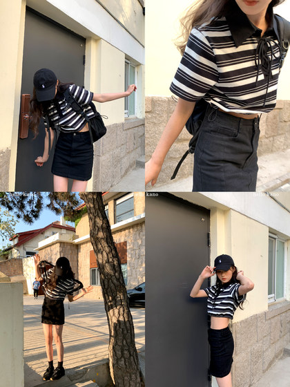 Hello Canon Polo Collar Short Color-Block Striped T-Shirt 2024 New Niche Design Short-Sleeve Top for Women Summer