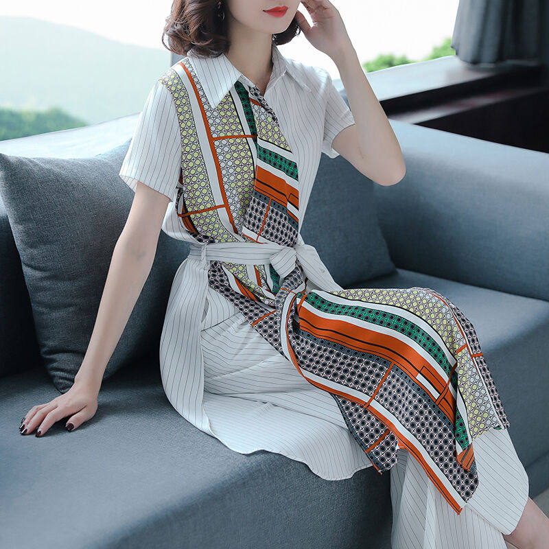 Mrs. Broads Middle-aged Mother Summer Dress Foreign Pie Woman Summer Suit New Two Sets of Old Age Female Dress Temperament in Long Edition