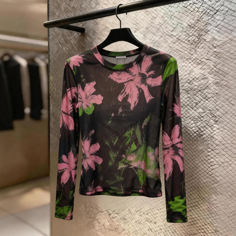 Tie-Dye Round Neck Long-Sleeved T-Shirt for Women, Summer European-Style Thin Mesh Sun Protection Cover-Up, Design Floral Print Top