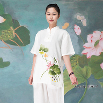 Bai Ling spring and summer breathable printed Tai Chi suit short-sleeved female cotton hemp brocade martial arts suit morning exercise practice suit Taijiquan clothing