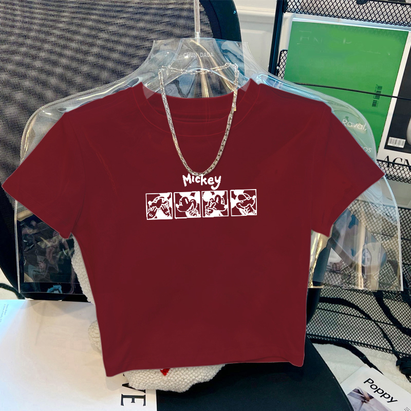 Spring and Summer New Sexy Clothing High-Waisted Navel-Baring Short-Sleeved T-Shirt for Small Women with Short Tops and High-Waisted Pants Bottoming Shirt