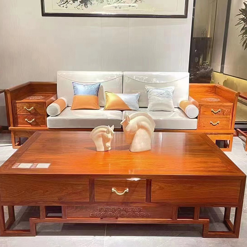 A luxury solid wood furniture mahogany hedgehog red sandalwood new Chinese box villa Dapingshu soft sofa living room combination