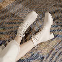Thick-heeled lace-up high-heeled boots for women~2022 new white soft leather net red skinny Martin boots small short boots