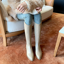 Rear zipper thick bottom leather V-mouth boots~2022 new knight boots small but knee-high western cowboy boots