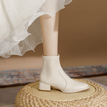 French mid-heel ankle boots ~ 2022 autumn and winter new white Martin boots womens fleece thick heel Chelsea ankle boots