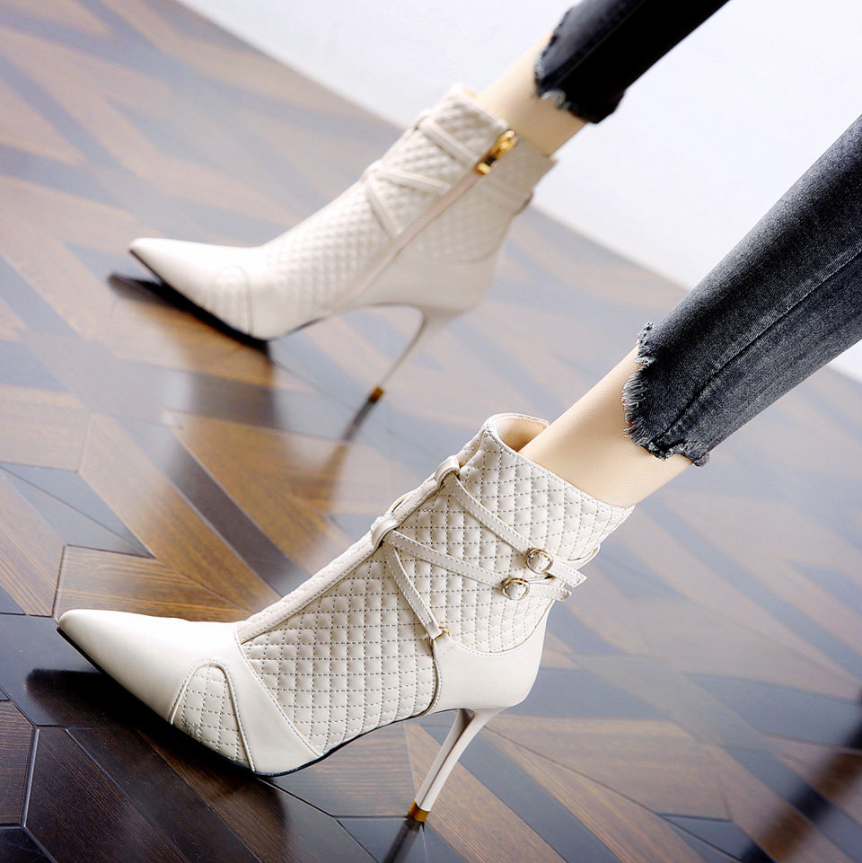 Sexy stiletto boots ~ 2022 autumn and winter high-grade mesh cross belt Martin boots high-heeled slim short boot pads