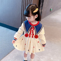 Tide brand girl knitted dress 2021 Spring and Autumn New Net Red foreign gas children princess dress baby sweater children