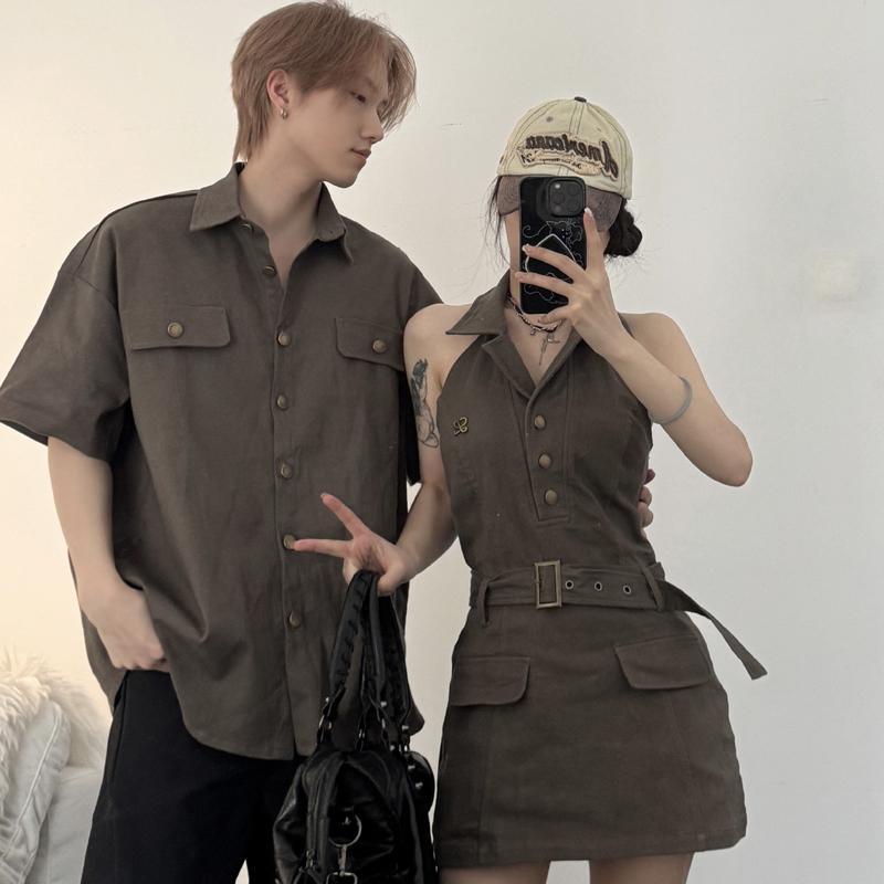 Couple Outfits for Summer, American-Style Workwear Short-Sleeve Shirts, Niche High-End Sweet and Spicy Style Halter Neck Dresses, One Dress and One Shirt Couple Outfits for Summer, American-Style Workwear Short-Sleeve Shirts, Niche High-End Sweet and Spicy Style Halter Neck Dresses, One Dress and One Shirt