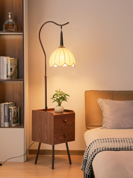 Beautiful Solid Wood Floor Lamp, Bedside Table, Living Room Sofa Side Table, French Vintage Atmosphere, Bedroom Storage Table Lamp Integrated