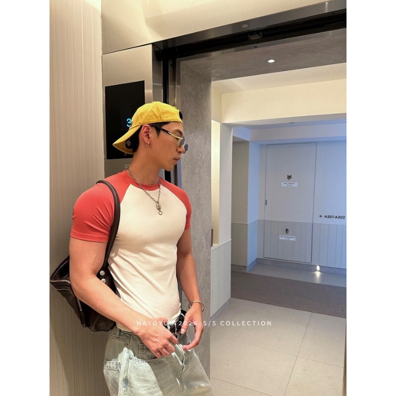 Baobao Black/Brick Red/Lan Jing Modal Slim Fit Raglan Basic Short Sleeve T-Shirt/Soft Baobao Black/Brick Red/Lan Jing Modal Slim Fit Raglan Basic Short Sleeve T-Shirt/Soft