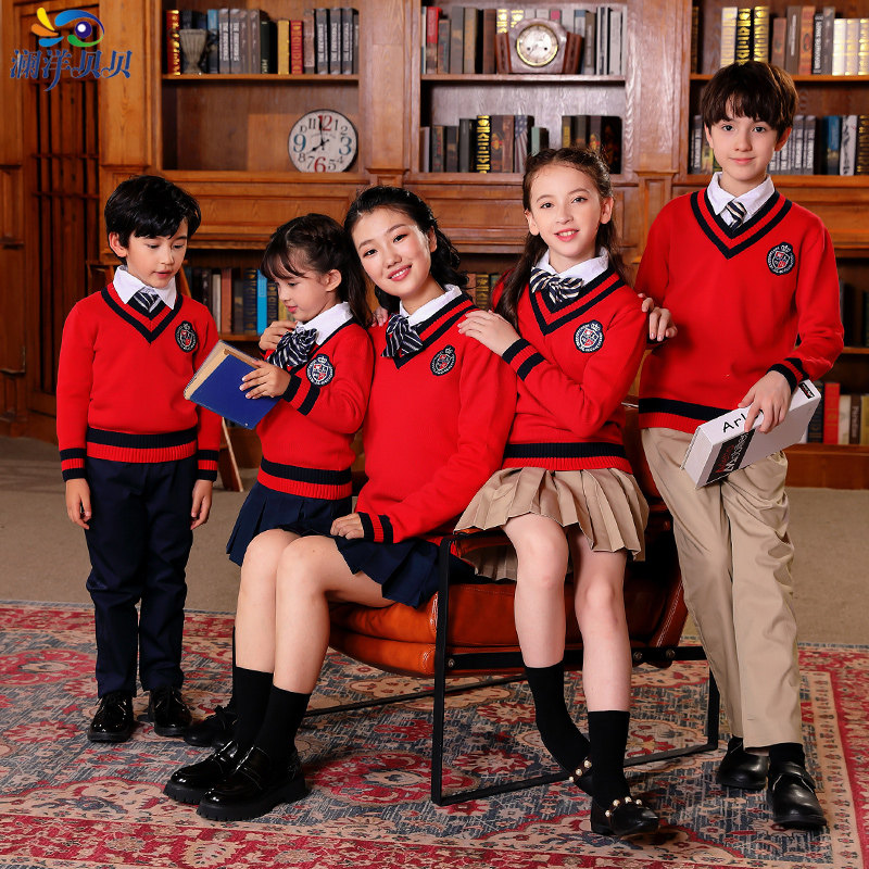British style primary and secondary school uniforms red and yellow sweater spring and autumn three-piece suit kindergarten white shirt trousers class service