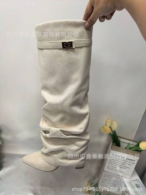 2025 Foreign Trade European and American Style Pointed Toe Straight Pleated Metal Buckle Mid-Calf Boots Large Size Chunky Heel Trouser Boots Women's Boots