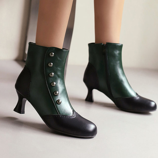 40-50 European and American Export Cross-Border Large Size Independent Station Autumn and Winter Women's Fashion Boots Color-Blocked Metal Rivets Mid-Heeled Short Boots