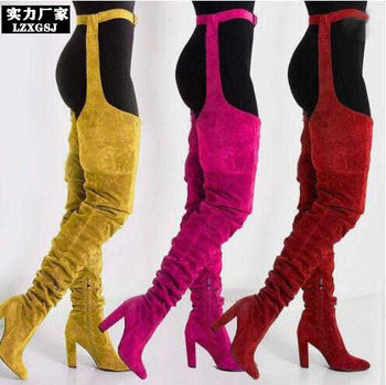 Independent Station Export Women's Oversized Size 46 Belt Pants Boots Pointed Toe Thick Heel Over-The-Knee Boots Sexy Bar Pole Dance Boots