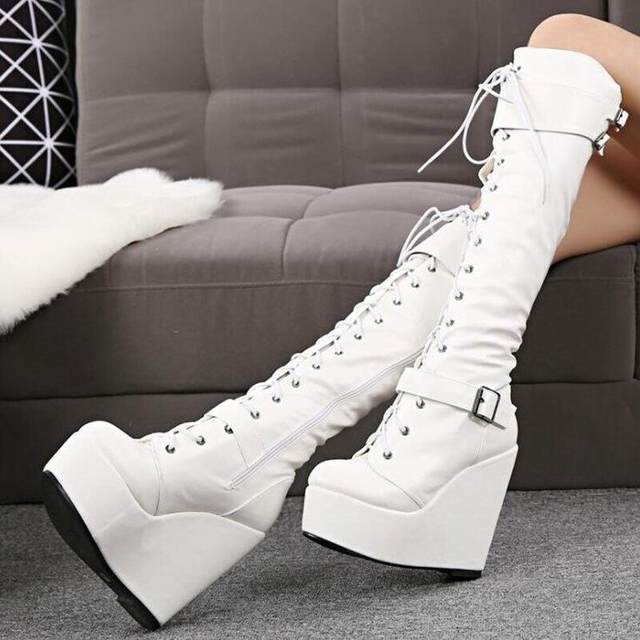 Independent Foreign Trade Large-Size Wedge Heel Round-Toe Platform Women's Fashion Boots White Belt Buckle Cosplay Knight Boots