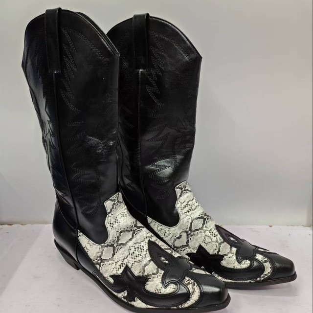 Independent Cross-Border Trade Large Size New European and American Retro Embroidered Knight Boots Pointed Toe Chunky Heel Men's Western Cowboy Boots