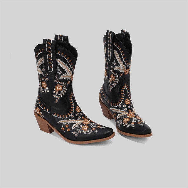 Western Cowboy Boots Embroidered Retro Square Toe High Boots Thick Heel High Heel Mid-Calf Boots Bohemian Knight Boots Long Boots