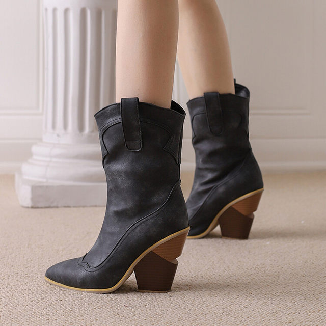 2023 New Autumn and Winter Export Style European and American Retro Pointed Toe Western Boots Chunky Heel High Heel Denim Short Boots Fashion Boots