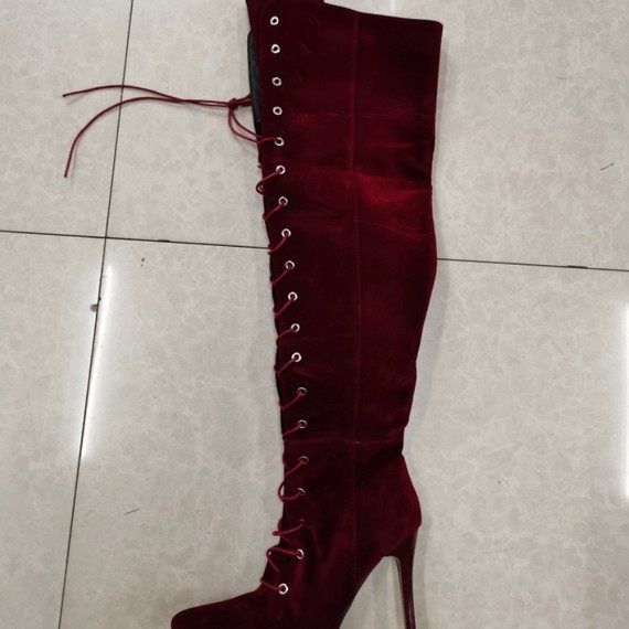 Independent Foreign Trade European and American Style Women's Plus-Size Fashion Boots, Sexy High-Heeled Long Boots, Lace-Up Pointed-Toe Over-The-Knee Boots