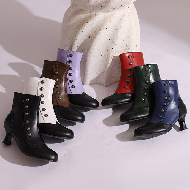 40-50 European and American Export Cross-Border Large Size Independent Station Autumn and Winter Women's Fashion Boots Color-Blocked Metal Rivets Mid-Heeled Short Boots