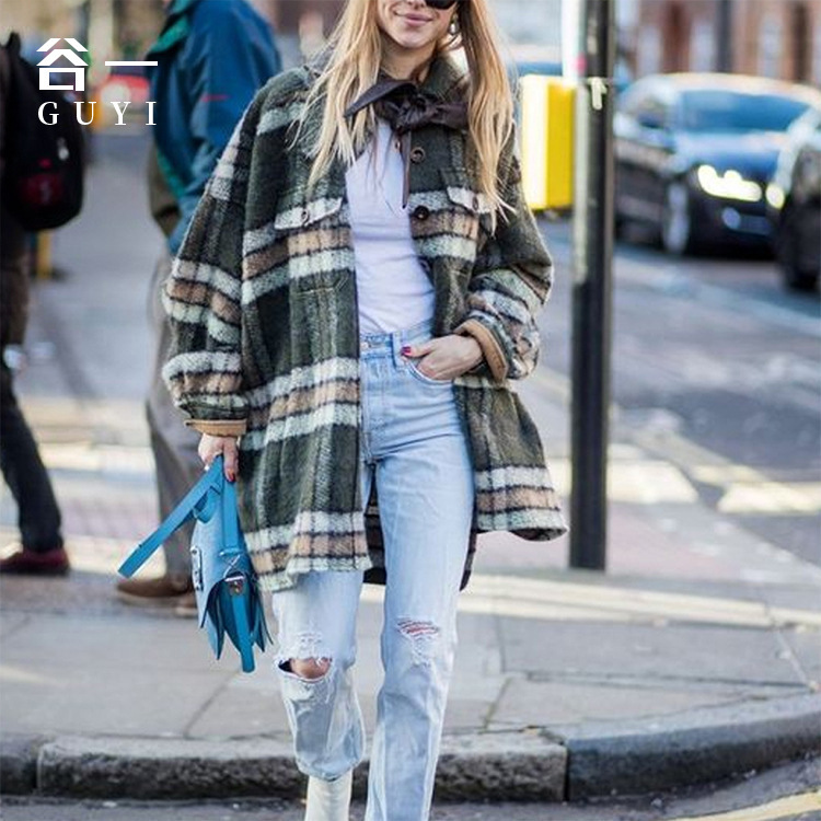 In-Stock New Autumn and Winter Amazon Fashion Lapel Plaid Pocket Jacket Women Amazon Plaid Coat