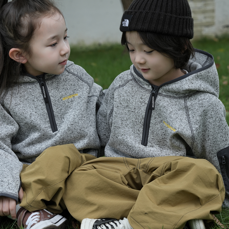 Hooze Pow 2025Aw New Winter Kidsren's Hooded Sweatshirt for Boys and Girls Fleece-Lined Warm Sports Top