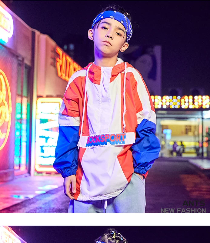 Trang phục khiêu vũ đường phố hip-hop cho bé trai mặc áo khoác denim có mũ trùm đầu - Trang phục