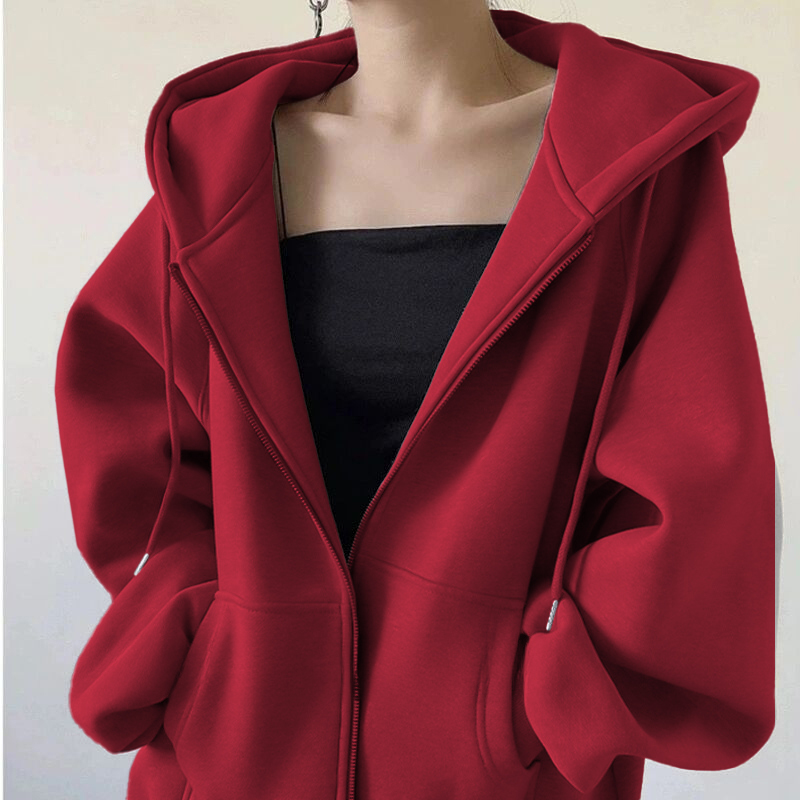 Burgundy Zipper Jacket Women's Autumn and Winter Hooded Sweatshirt Cardigan 2026 New Popular Loose Casual Sports Top