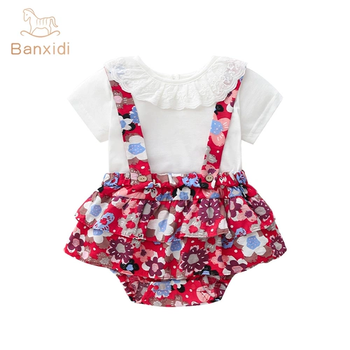 Детский комбинезон, тонкая летняя одежда, комплект, футболка для девочек, подтяжки, боди, штаны, наряд маленькой принцессы, цветочный принт