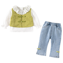 Girls Suit Autumn Clothing 2024 New Fashionable and Western-style Childrens Clothing Baby Spring and Autumn Style Childrens Jeans Three-piece Set