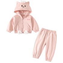 Girls Suit Spring Clothing 2024 New Style Baby Casual Hooded Jacket Pants Spring and Autumn Childrens Two-piece Set