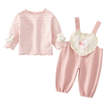 Girls Autumn Clothing Set 2024 New Style Baby Long-Sleeved T-Shirt Childrens Overalls Spring and Autumn Childrens Two-piece Set