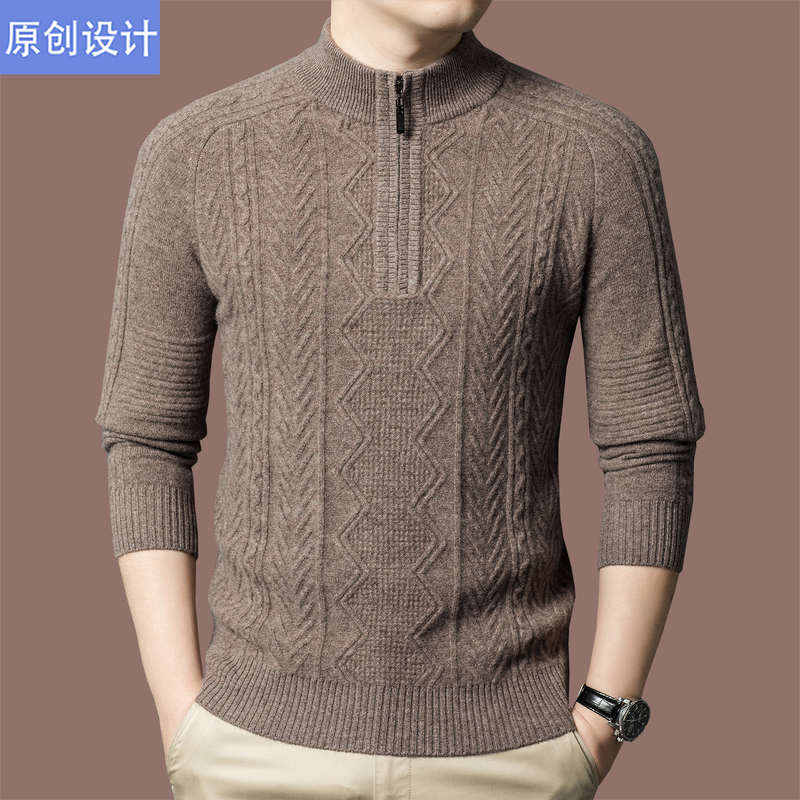 Italian Brand Cashmere Sweater for Men with Half-High Zipper Collar, Double-Ply Thickened Sweater, Winter Long-Sleeved Knitted Wool Sweater for Men