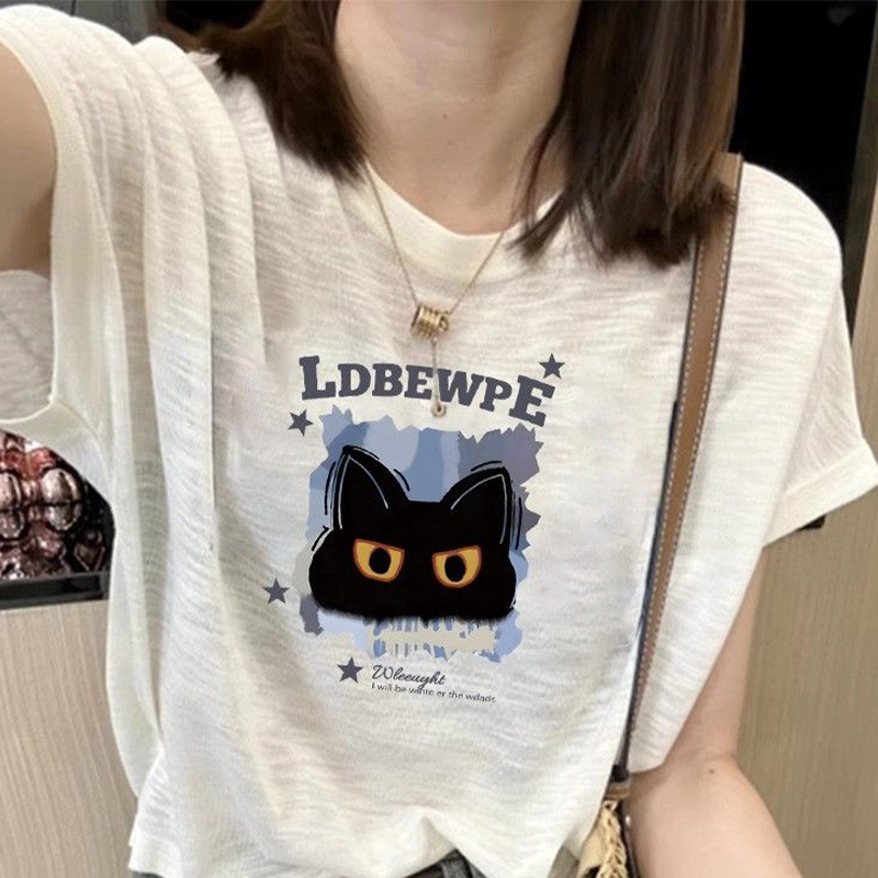 White Mask Short-Sleeve T-Shirt for Women 2026 New Summer Cat Ice Silk Knit Top Loose Slimming Shirt