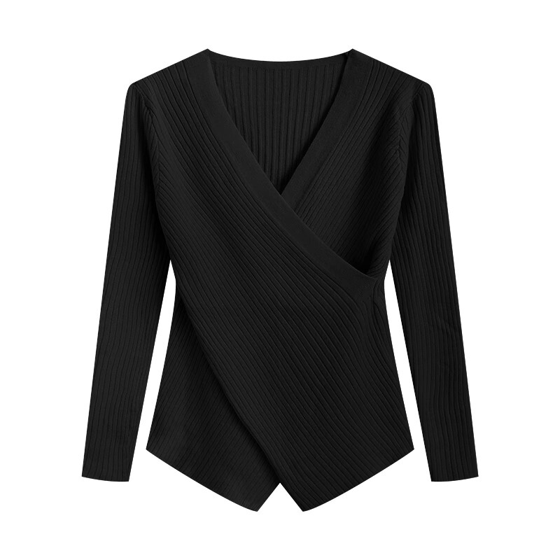 Irregular Knitted Base Shirt for Women, Autumn and Winter 2026 New Style, High-End V-Neck Sweater, Black Slim-Fitting Top