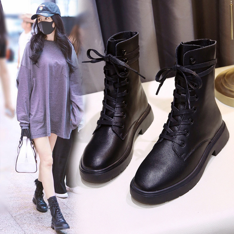 杨幂同款马丁靴女刺绣粗跟英伦风秋冬新款系带帅气增高加绒SW短靴