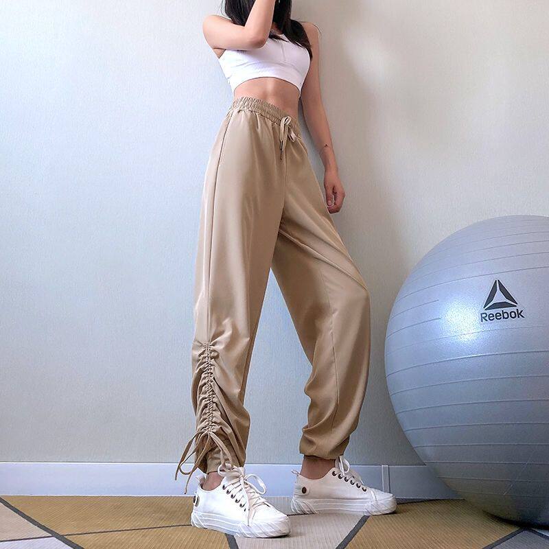 Tie belt loose straight tube drawstring foot closure breathable running fitness sports pants women's casual thin yoga pants
