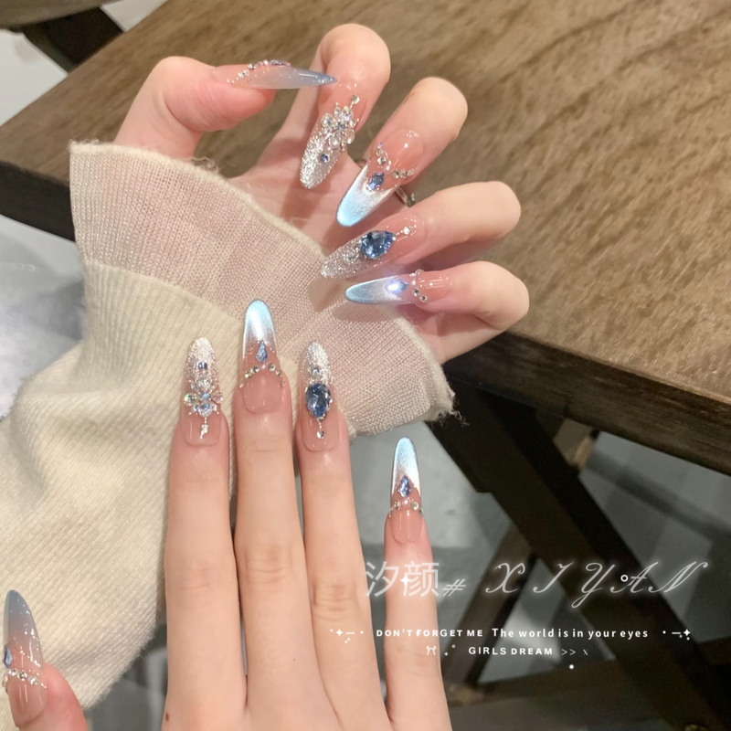 Ice Blue Cat-Eye Pure Handmade Wearable Nails, Sapphire Nail Art Finished Product, High-End Luxury Nail Stickers, Brightening and Dazzling Effect