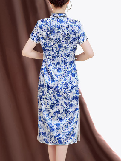 Summer New Style, Modernized Chinese Style, Blue and White Porcelain Print Cheongsam, Silk Dress, Petite Mulberry Silk Dress