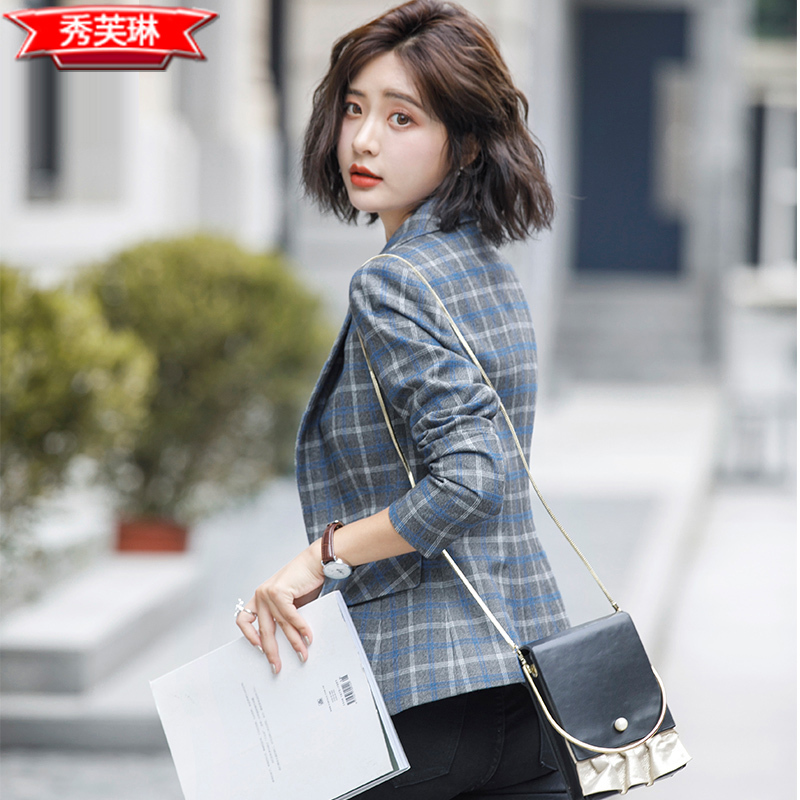 Plaid Blazer for Petite Women, Korean Style, Spring and Autumn, Casual, Fashionable, Slim-Fit, Short Plaid Suit Jacket