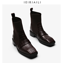 European and American style stone pattern wild knitted elastic thin boots womens spring and Autumn single boots square head Martin boots womens thick heel